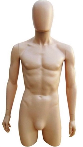 Realistic Fiberglass Male 3/4 Torso from www.zingdisplay.com.  Standing pose with arms at his side. Durable plastic ideal for trade shows or busy showrooms.
