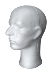 Basic Male Styrofoam Head Display White measuring 12" tall. Simple way to show off hats, wigs and any head gear.