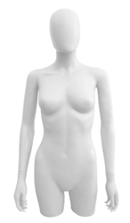Egghead Fiberglass Female 3/4 Torso in breakable plastic from www.zingdisplay.com. Standing pose with arms at her side. Durable plastic ideal for trade shows or busy showrooms.