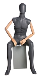 Matte Grey Male Egghead Seated Mannequin with Wooden Posable Arms