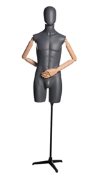Matte Grey Male Egghead Mannequin 3/4 Torso with Stand and Posable Wood Arms