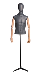 Matte Grey Male Egghead Mannequin 1/2 Torso with Stand and Posable Wood Arms