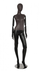 Mixed Fabric Black Leatherette Female Mannequin with Wooden Posable Arms and Bent Leg