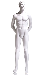 Male mannequin with arms behind his back.  True white finish. A perfect addition to any retail display.