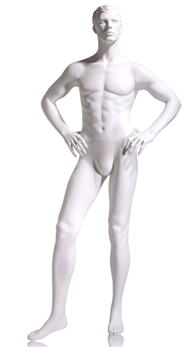 Male mannequin with hands on his hips. True white finish.