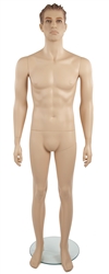 Male mannequin with realistic facial features and molded hair.  Straight on pose with arms at his sides.