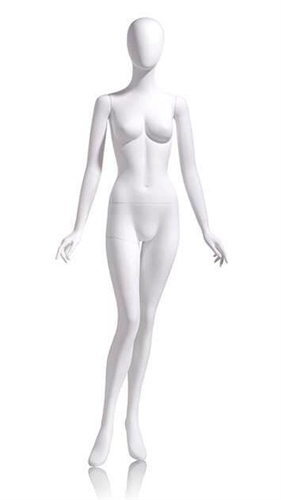 Female Egghead Mannequin in Matte White with arms at sides in a straight on pose with her left leg slightly bent