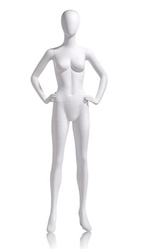 Female Egghead Mannequin in Matte White with hands on hips in a straight on pose