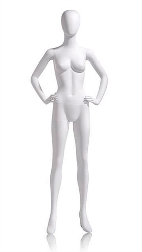 Female Egghead Mannequin in Matte White with hands on hips in a straight on pose