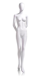 Female Egghead Mannequin in Matte White with hands behind back and left leg forward