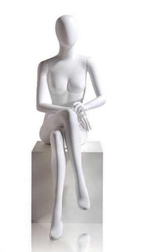 Female Egghead Mannequin in Matte White with arms in lap in a seated pose