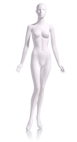 Female Abstract Mannequin in Matte White with arms at sides in a straight on pose with her left leg slightly bent