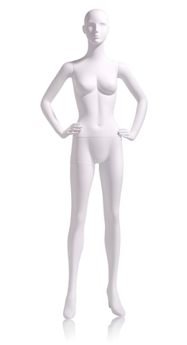 Female Abstract Egghead Mannequin in Matte White with hands on hips in a straight on pose