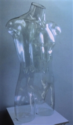 Clear Plastic Male Torso Form that stands alone or hangs from base