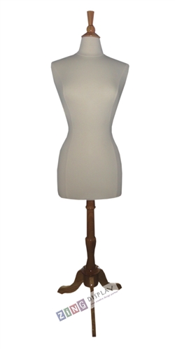 Female Dress Form Mannequin with Natural Wood Finial Neck Block and Tripod Base