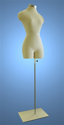 Female Torso Form with Flat Satin Nickel Neck Block and Rectangle Base. Pinable for all of your sewing needs.
