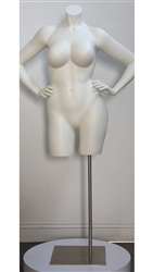 Headless Plus Size Matte White Female Torso Form.  She is headless with his hands on her side.  She comes with a square metal base.