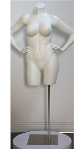 Headless Plus Size Matte White Female Torso Form.  She is headless with his hands on her side.  She comes with a square metal base.