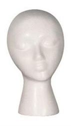 Basic Female Styrofoam Head Display White measuring 11 1/2" Tall. Simple way to show off hats, wigs and any head gear.
