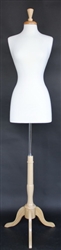 White Jersey Covered Female Dress Form with Wooden Base and Finial Neckcap