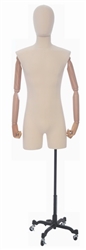 Linen Covered Male Body Form with Natural Wood Arms and Dress Maker Base