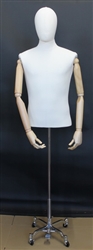 Linen Covered Male Torso Form with Natural Wood Arms and Chrome Dress Maker Base