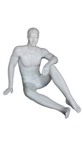 Matte White Male Egghead Mannequin Sitting - Hand on Knee
