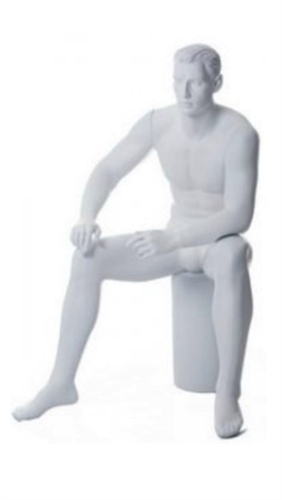 Matte White Male Egghead Mannequin Sitting - Hands on Knee