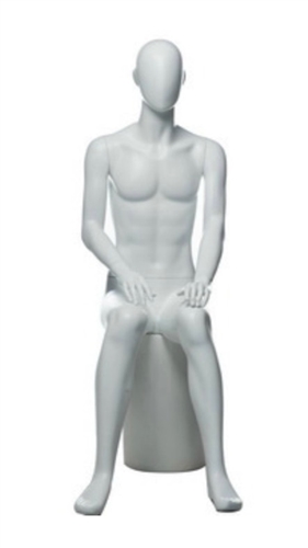 Matte White Male Egghead Mannequin Sitting - Straight Forward