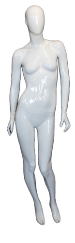 White Mannequin Abstract Head Female with arms to each side - Glossy White Female Egghead with Ears Mannequin Right Hip Out