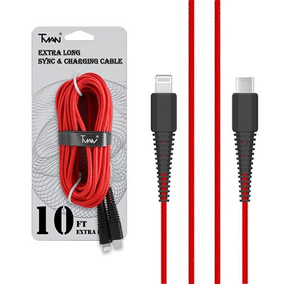 For USB C to iPhone Lightning 18W Braided Nylon USB Cable 10 ft Red