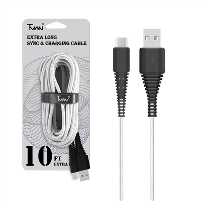 For Type C/ USB C Braided Nylon Cable 10 ft White