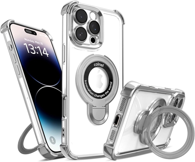 iPhone15 / iPhone 14 / iPhone 13 Chrome Edge & Camera Cover TPU Case With Built-in Stand Compatible With MagSafe Silver