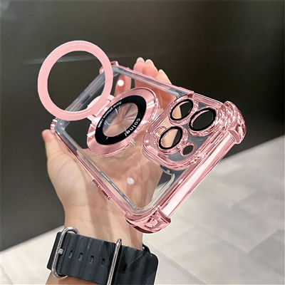IPHONE 16 Plus Chrome Edge & Camera Cover TPU Case With Built-in Stand Compatible With MagSafe Pink Gold