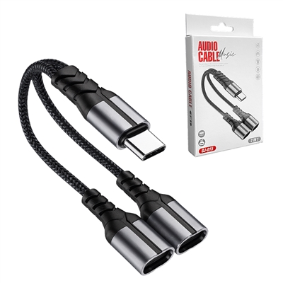 USB-C splitter cable with a Type-C male input and dual Type-C female outputs