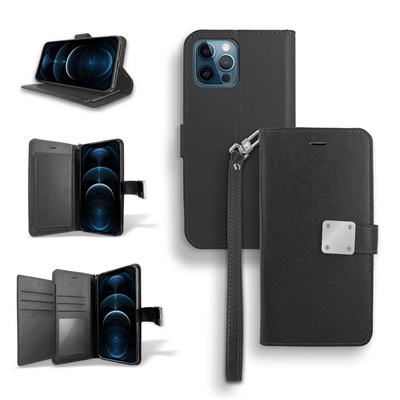 iPhone 13 Pro (6.1") Double Folio Flip Leather Wallet Case with Extra Card Slots WC05 Black