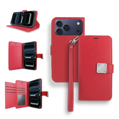iPhone 17 Pro Double Folio Flip Leather Wallet Case with Extra Card Slots WC05 Red