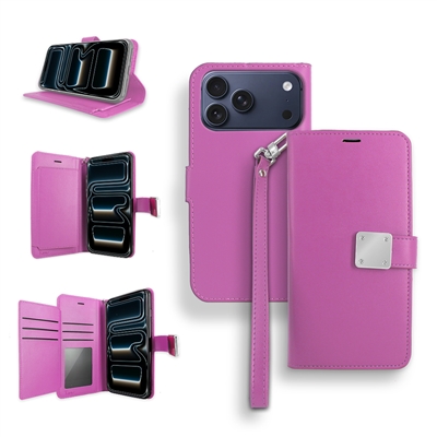 iPhone 17 Pro Max Double Folio Flip Leather Wallet Case with Extra Card Slots WC05 Hot Pink