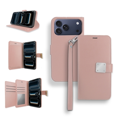 iPhone 17 Pro Max Double Folio Flip Leather Wallet Case with Extra Card Slots WC05 Pink Gold