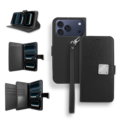 iPhone 17 Double Folio Flip Leather Wallet Case with Extra Card Slots WC05 Black