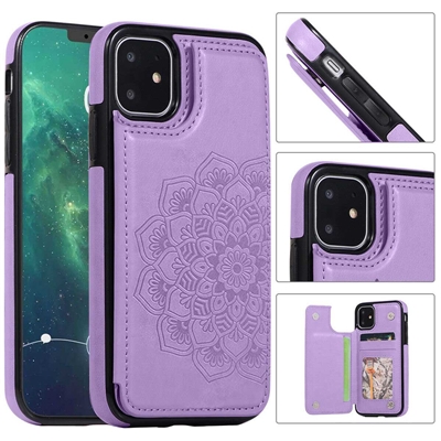 iPhone 14 Pro (6.1") EMBOSSED CARD HOLDER WALLET CASE WITH MAGNETIC BUTTONS WC08 Purple