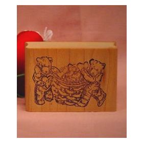 Bears with Basket of Hearts Art Rubber Stamp