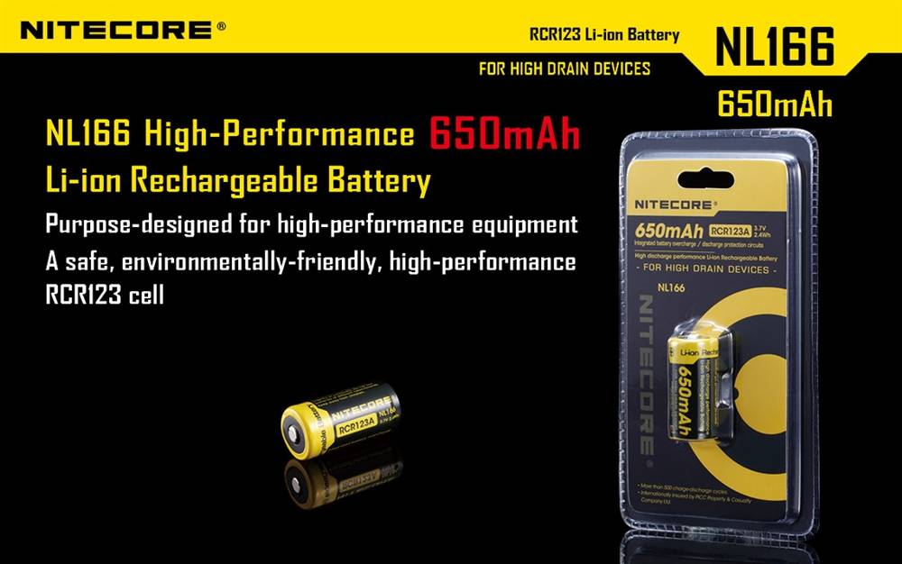 NiteCore RCR123A CR123 rechargeable battery, 650mAh