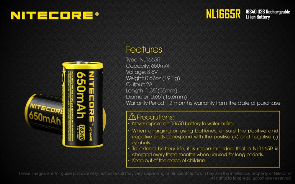 NL166 batterie CR123 lithium rechargeable 650mAh–NITECORE BELUX