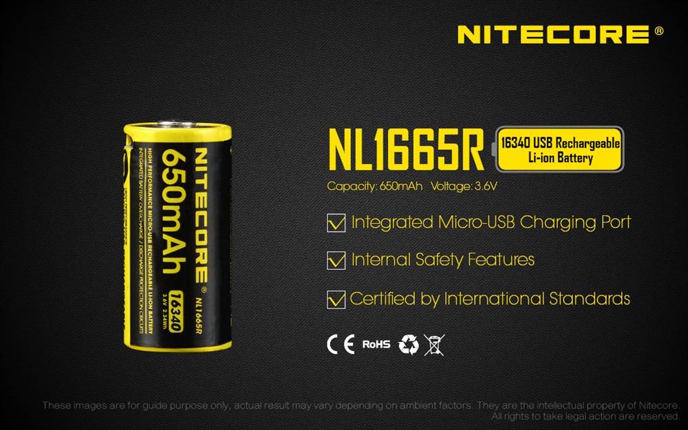 NITECORE NL1665R 650mAh USB RCR123A 16340 Battery