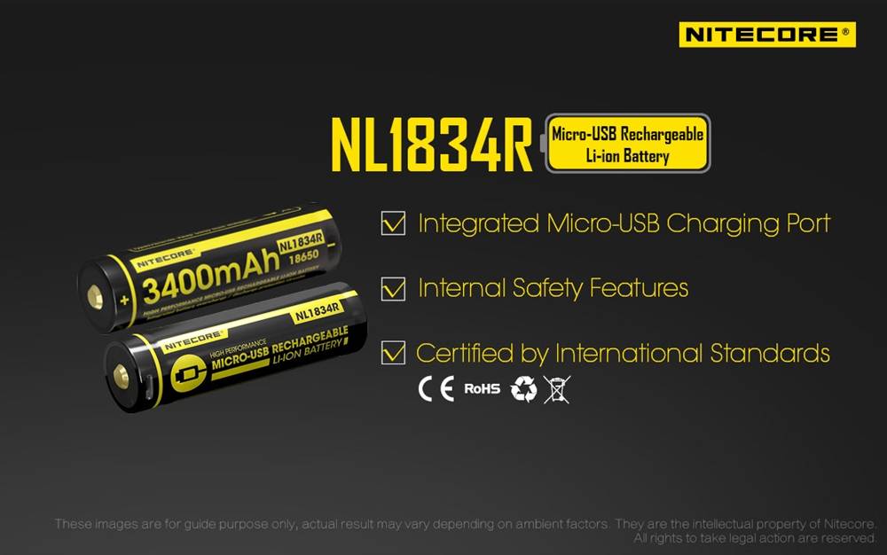 Batterie Nitecore NL1834R 18650 - 3400mAh avec chargeur port USB intégré