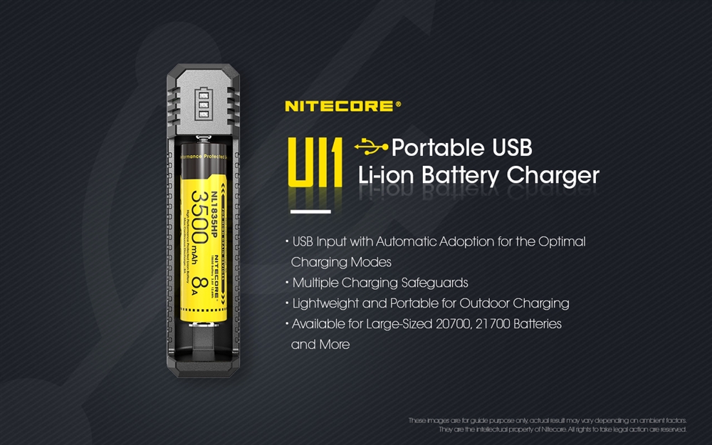 Nitecore UI1 USB Charger, for 18650, 21700, 18350, 20700 etc Batteries