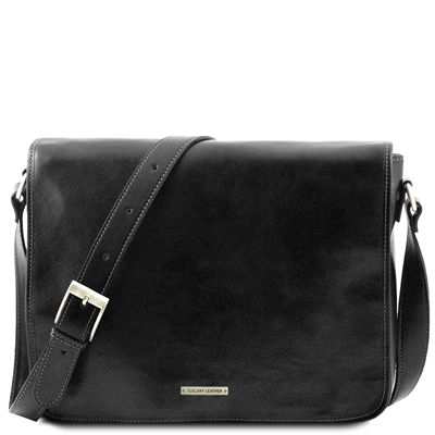 TL90475 Double Leather Messenger Bag for Men - Black by Tuscany Leather