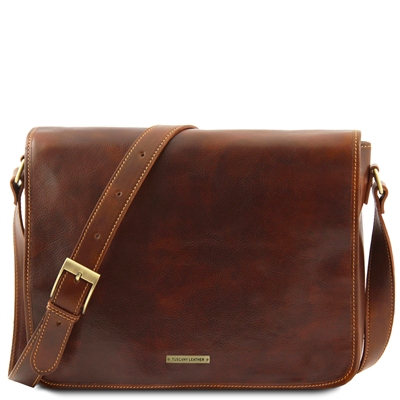 TL90475 Double Leather Messenger Bag for Men - Brown by Tuscany Leather