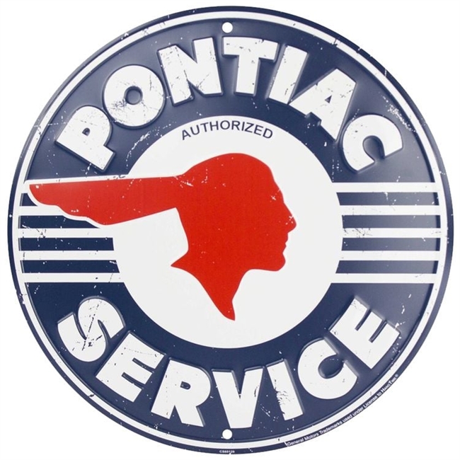 Image of Pontiac Indian Head with "Authorized Pontiac Service" Metal Tin Sign, 12" Diameter